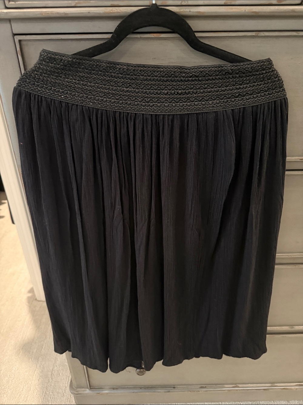 Black Smocked Waist Flowing Midi Skirt
